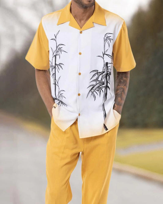 Conjunto de manga corta con traje para caminar con bordes amarillos