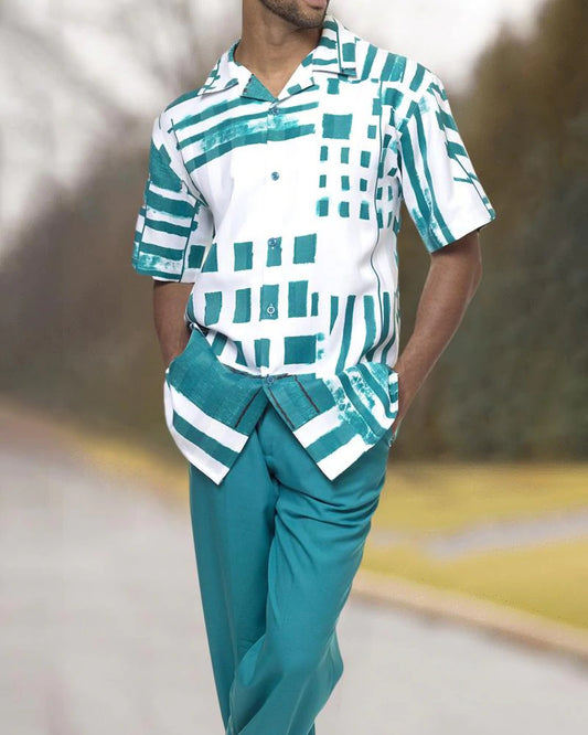 Cyan Squares Pattern Walking Suit Short Sleeve Set