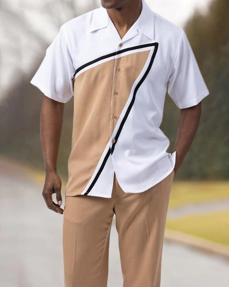Khaki and White Pattern Walking Suit Short Sleeve Set