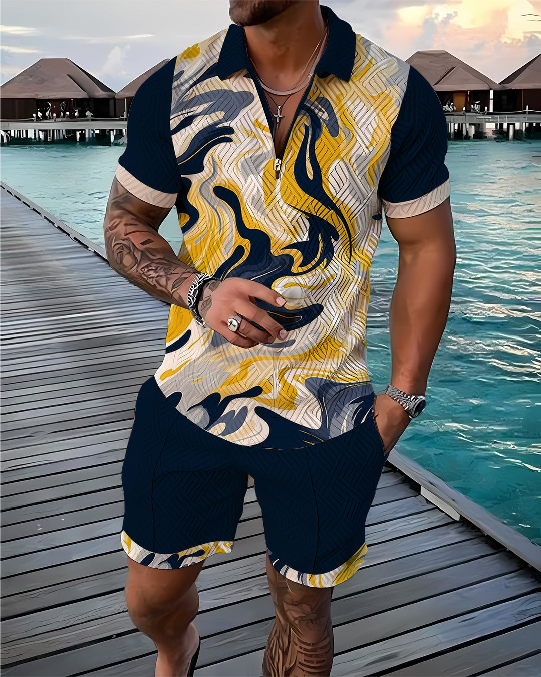 Navy Drip Polo Shirt And Shorts Co-Ord - DUVAL