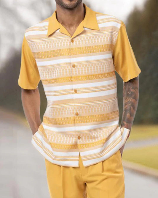 Yellow Bar Pattern Walking Suit Short Sleeve Set