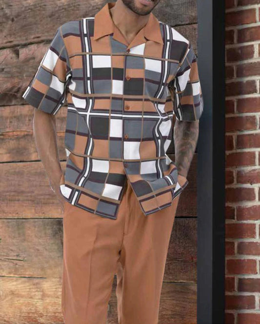 Brown Modern Squared Pattern Walking Suit Short Sleeve Set