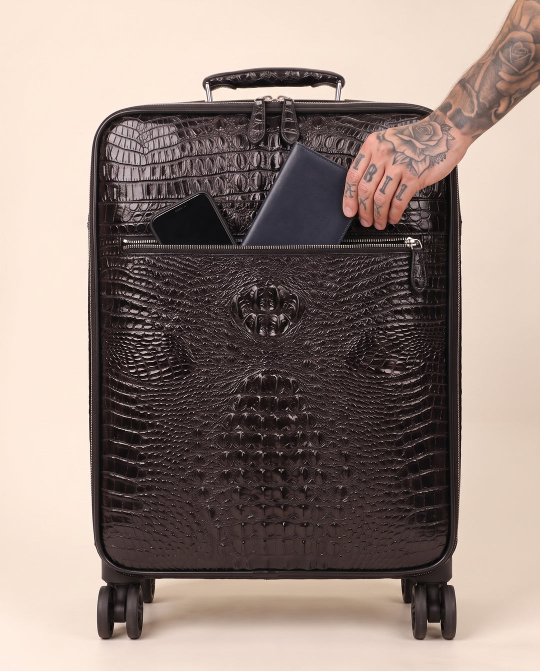 The Zermatt 58 Black: a passport going into the front zip pocket