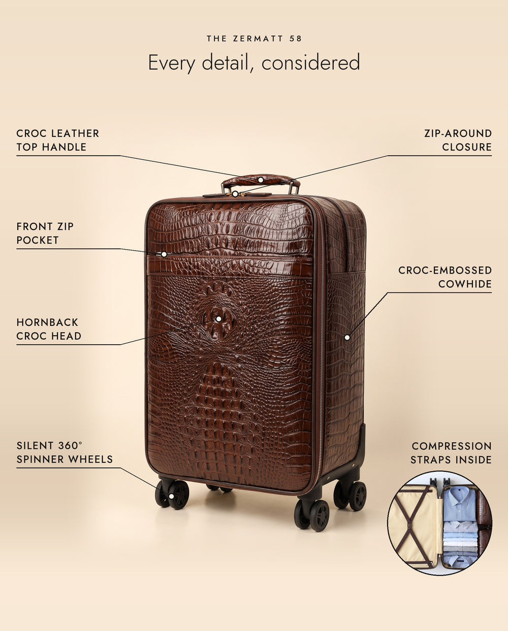 The Zermatt 58 Coffee: croc leather top handle, front zip pocket, hornback croc head, zip-around closure, silent 360 degree spinner wheels, compression straps inside