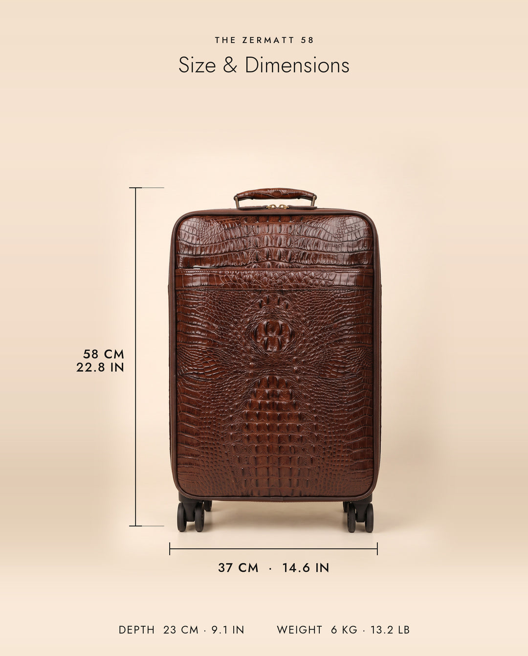 The Zermatt 58 Coffee size: 58 x 37 x 23 cm (22.8 x 14.6 x 9.1 in), 6 kg (13.2 lb)