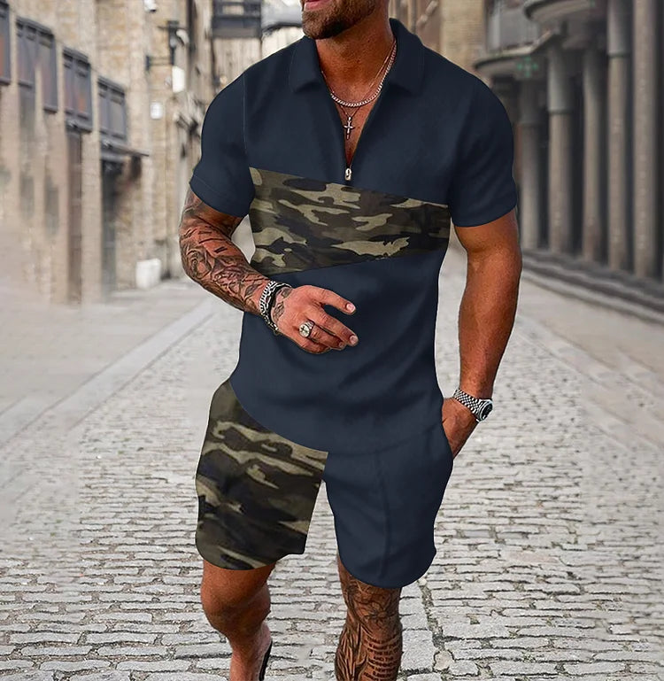 Camouflage Navy Blue Polo Shirt And Shorts Co-Ord - DUVAL