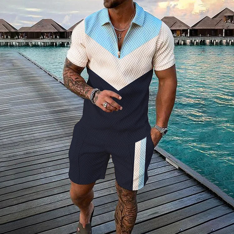 Symmetrical Color Contrast Short Sleeve Polo Shirt And Shorts Co-Ord ...