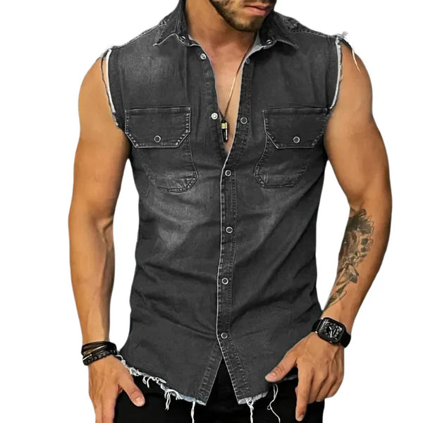 Vintage Lapel Sleeveless Denim Shirt