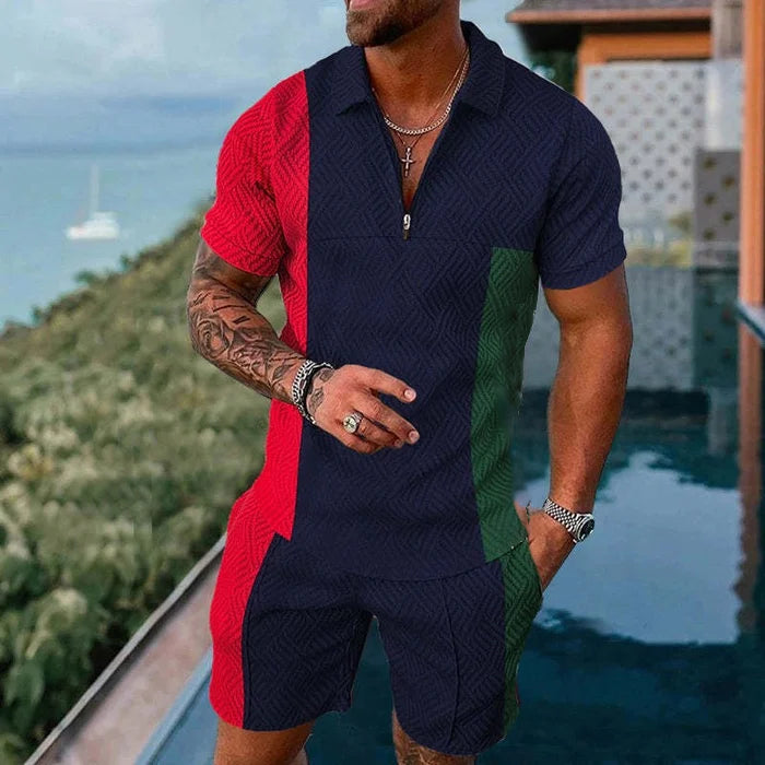 Tri-Color Vacation Polo Shirt And Shorts Co-Ord - DUVAL