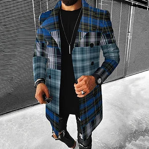 Fashion Patchwork Blue Check Casual Coat - DUVAL
