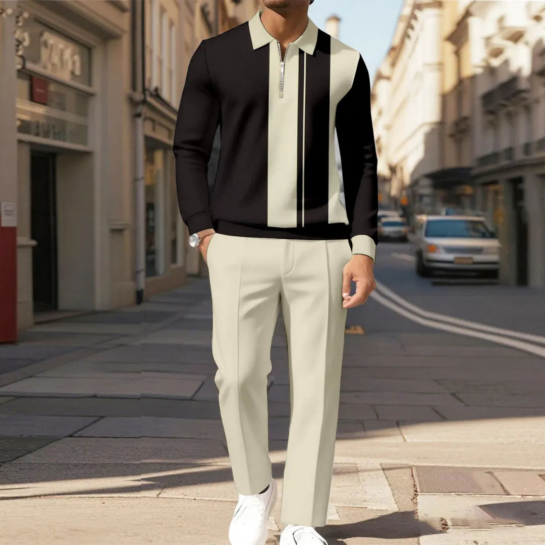 Zipper Long Sleeve Polo Long Pants Two-Piece Set
