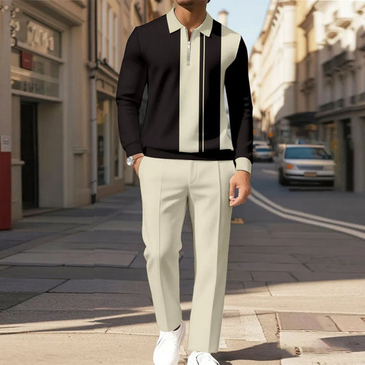 Zipper Long Sleeve Polo Long Pants Two-Piece Set