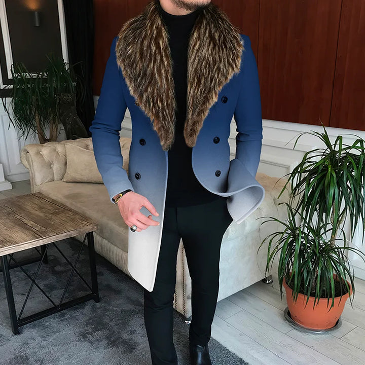 Ombre Fur Collar Gradient Breasted Mid Length Coat - DUVAL