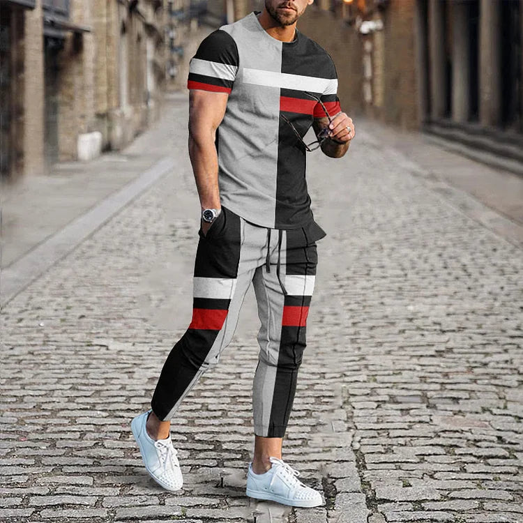 Men's Colorblock Stripe Print T-Shirt And Pants Co-Ord