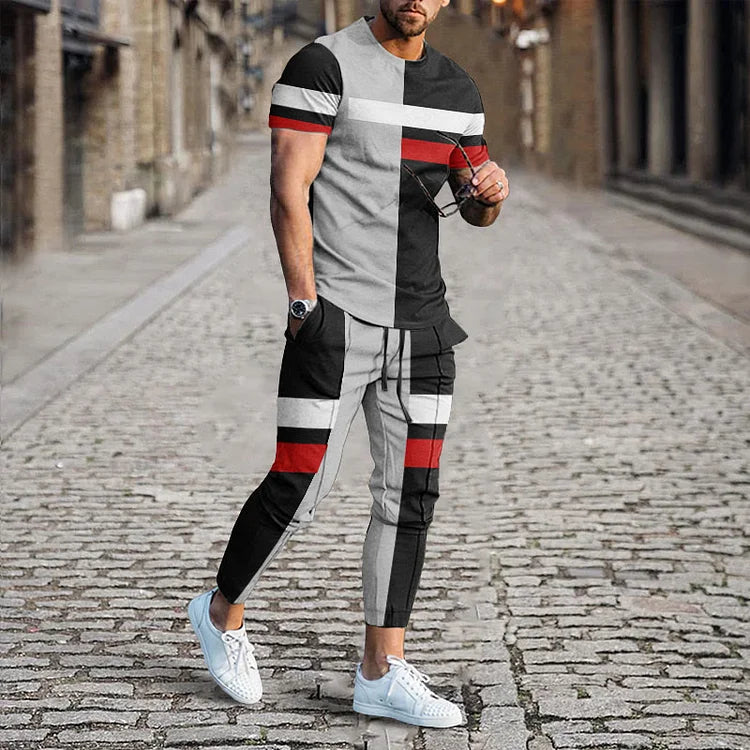 Ensemble t-shirt et pantalon à rayures color block pour hommes