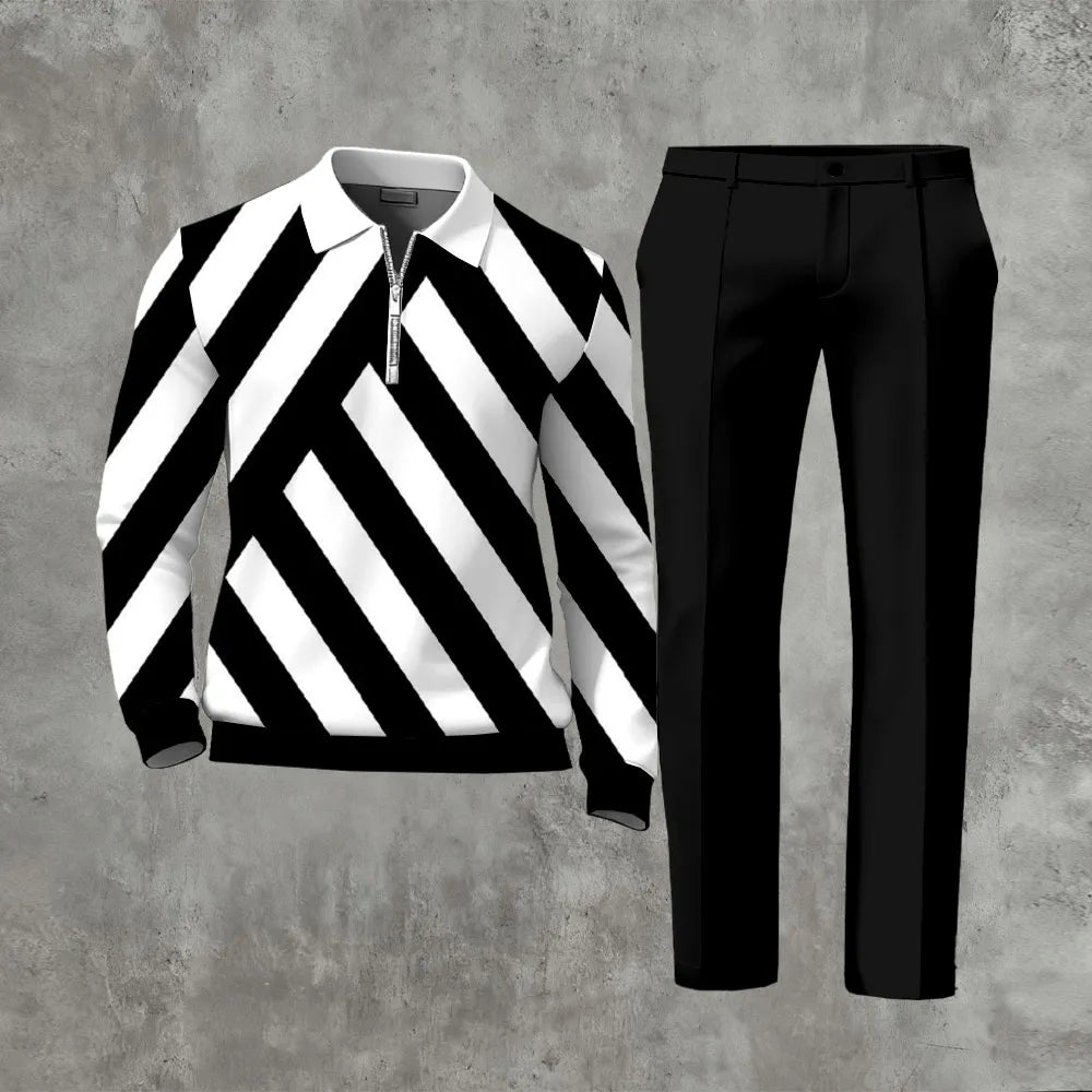 Polo-Collar Zipper Long Sleeved Trousers Two-Piece Set - DUVAL