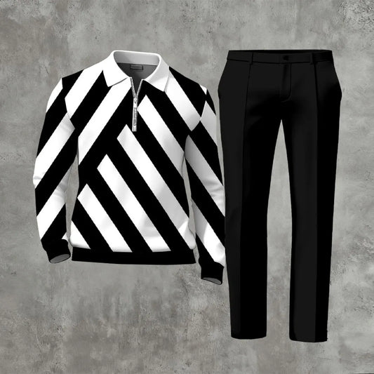 Polo-Collar Zipper Long Sleeved Trousers Two-Piece Set - DUVAL