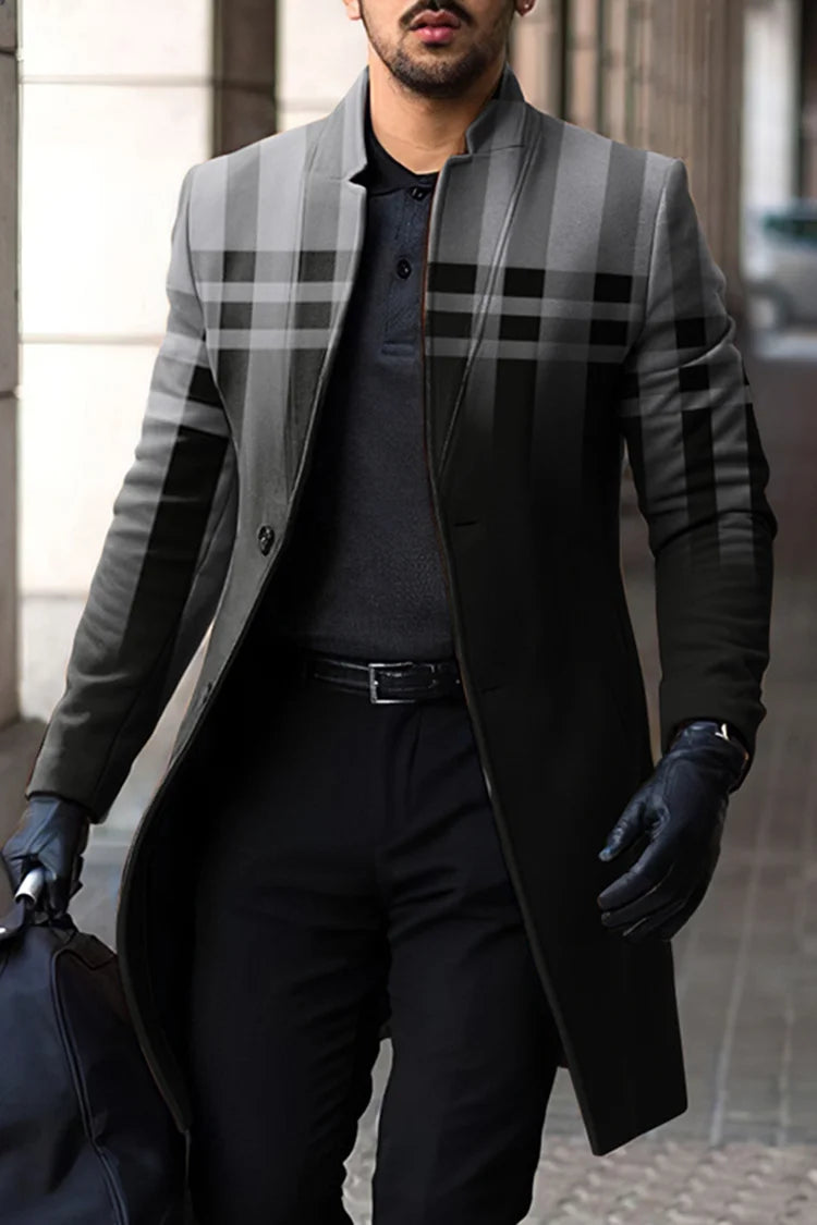 Stand Collar Gradient Grid Print Mid Length Coat - DUVAL
