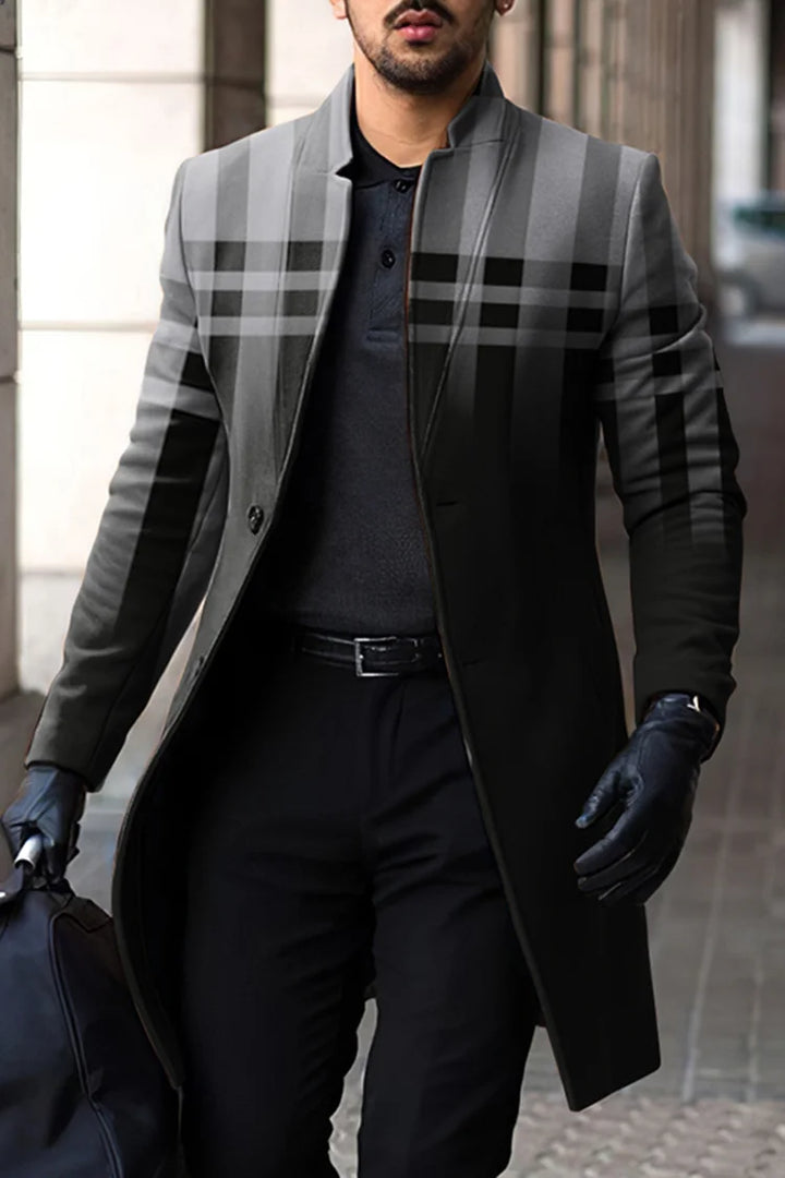 Stand Collar Gradient Grid Print Mid Length Coat - DUVAL