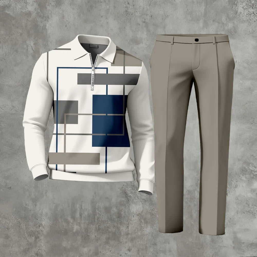 Polo-Collar Zipper Long Sleeved Trousers Two-Piece Set - DUVAL