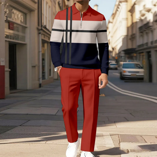 Zipper Long Sleeve Polo Long Pants Two-Piece Set