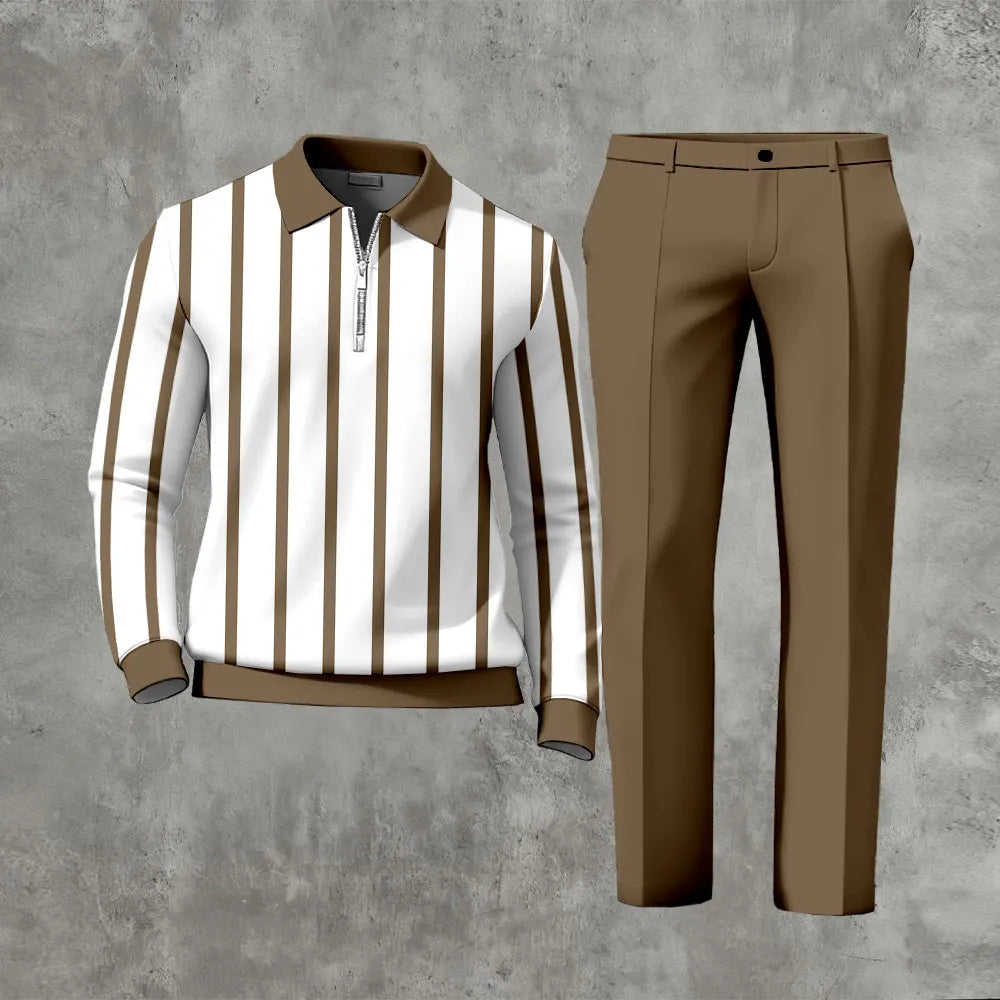 Polo-Collar Zipper Long Sleeved Trousers Two-Piece Set - DUVAL