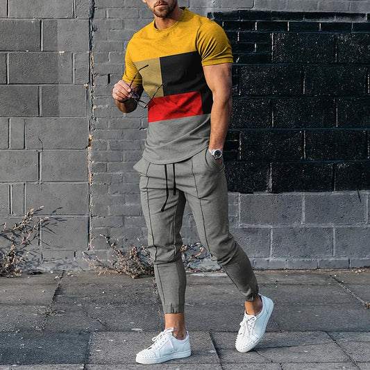 Men's Color Block Splicing Casual Short Sleeve T-Shirt And Pants Co-Ord