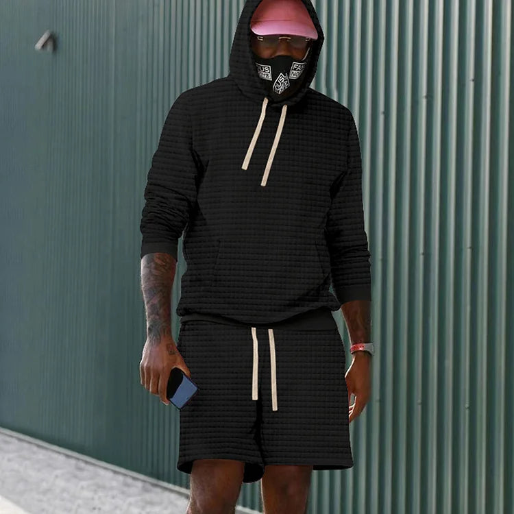 Solid Color Casual Checkered Long Sleeve Hoodie And Shorts Co-Ord