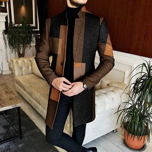 Geometric Color Block Standing Collar Mid-Length Coat - DUVAL