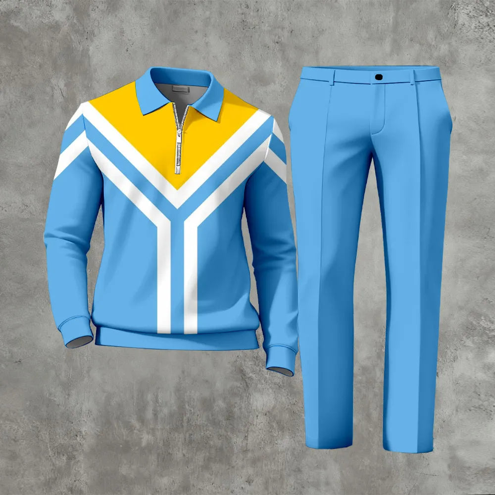 Polo-Collar Zipper Long Sleeved Trousers Two-Piece Set - DUVAL