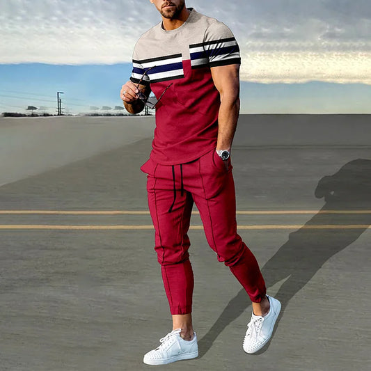 Trendy Color Contrast Stripes Print T-Shirt And Pants Co-Ord