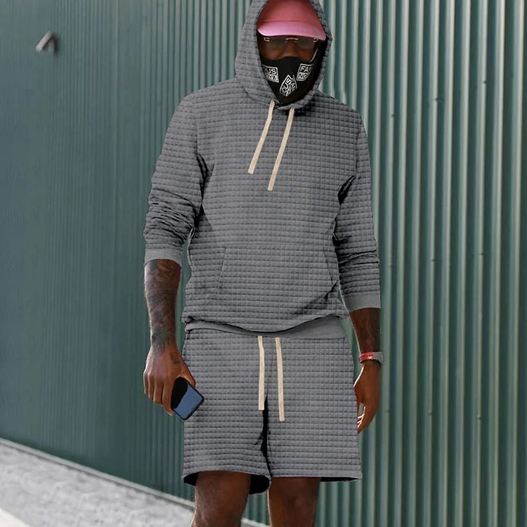 Ensemble sweat à capuche et short décontracté à manches longues et à carreaux de couleur unie