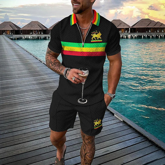 Juneteenth Stripes Rasta Lion Polo Shirt And Shorts Co-Ord