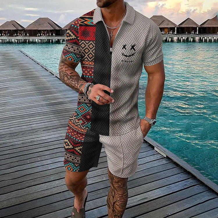 Two Tone Ethnic Polo Shirt And Shorts Co-Ord - DUVAL
