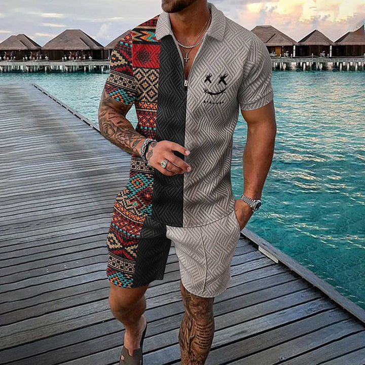 Two Tone Ethnic Polo Shirt And Shorts Co-Ord - DUVAL