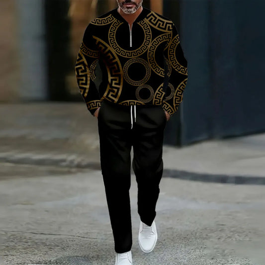 Neck Zipper Long Sleeved Trousers Two-Piece Set