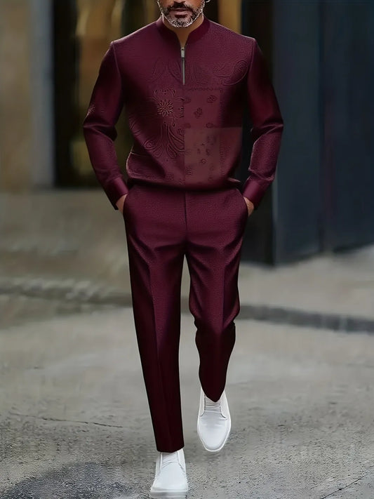 Polo-Collar Neck Zipper Long Sleeved Trousers Two-Piece Set - DUVAL