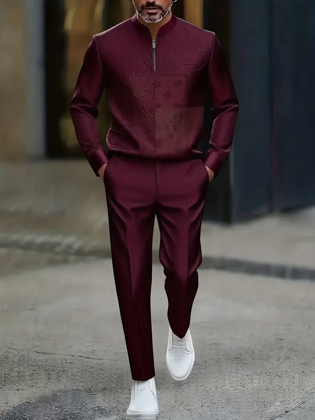 Neck Zipper Long Sleeved Trousers Two-Piece Set