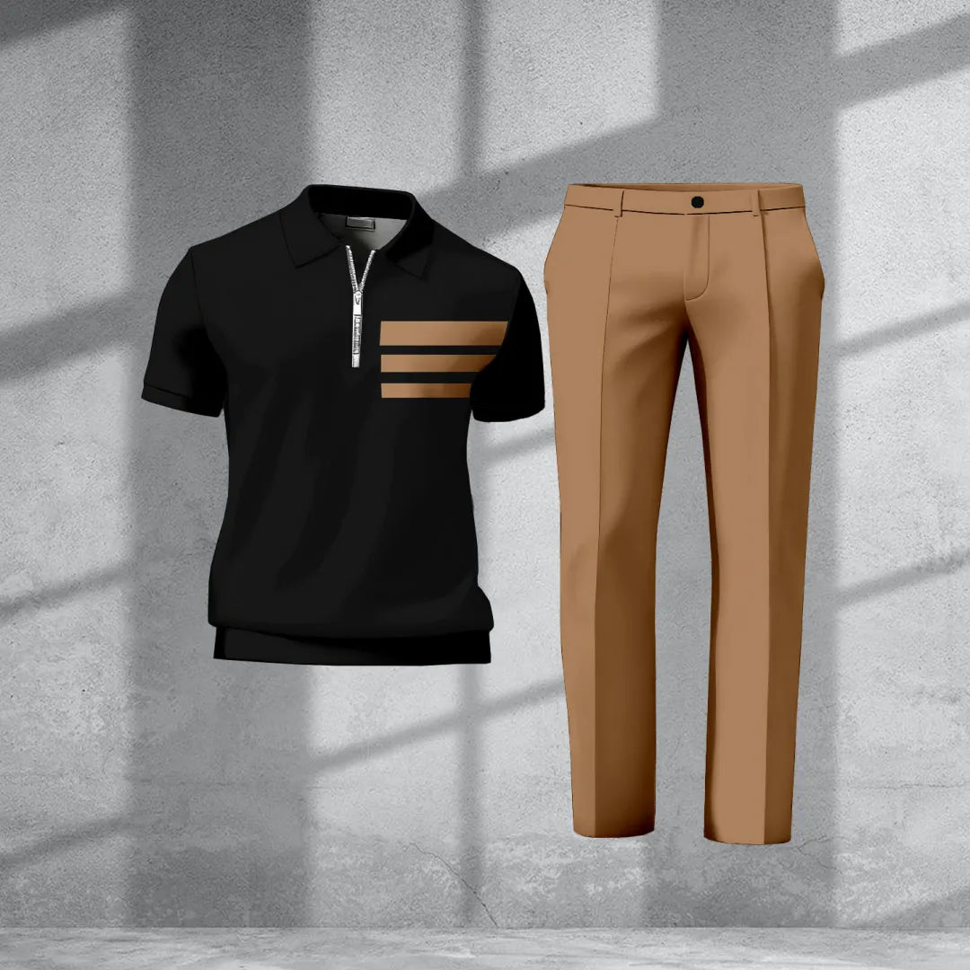 Polo-Collar Short Sleeved Trousers Two-Piece Set - DUVAL