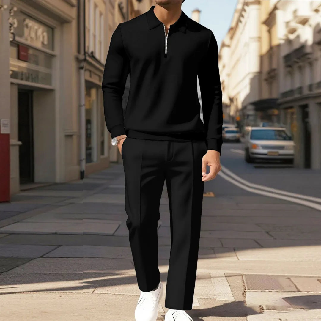 Polo-Collar Zipper Long Sleeved Trousers Two-Piece Set - DUVAL