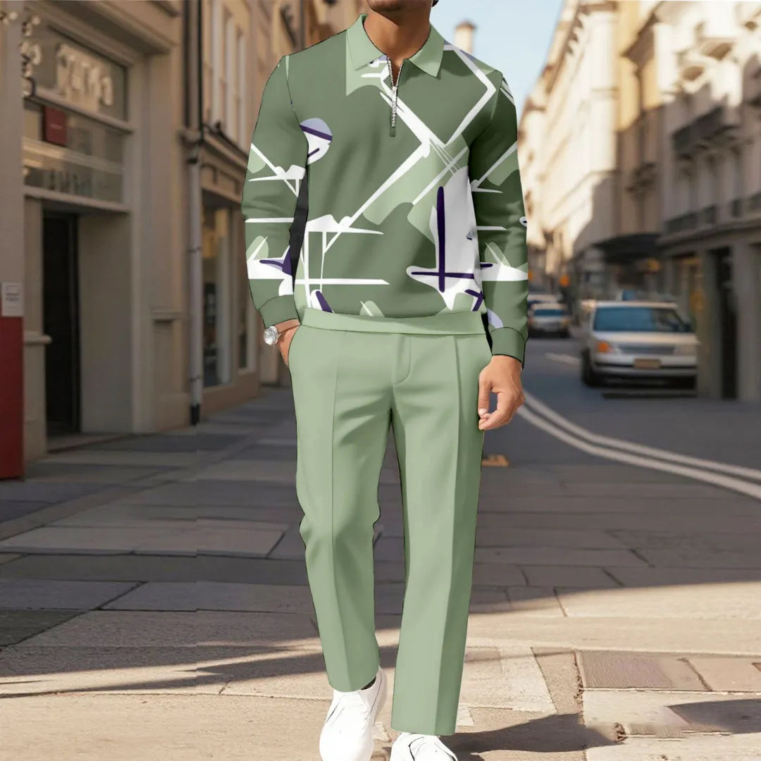 Zipper Long Sleeve Polo Long Pants Two-Piece Set