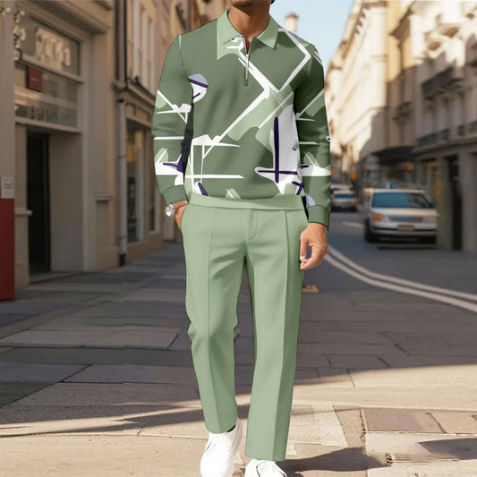 Zipper Long Sleeve Polo Long Pants Two-Piece Set