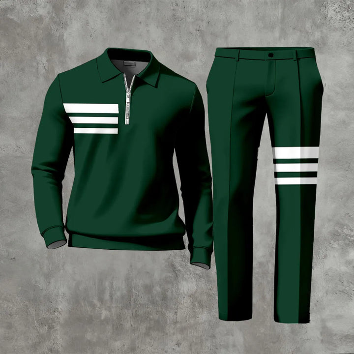 Polo-Collar Zipper Long Sleeved Trousers Two-Piece Set - DUVAL