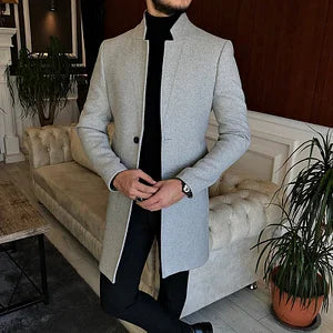 Solid Fitting Stand Collar Woolen Coat