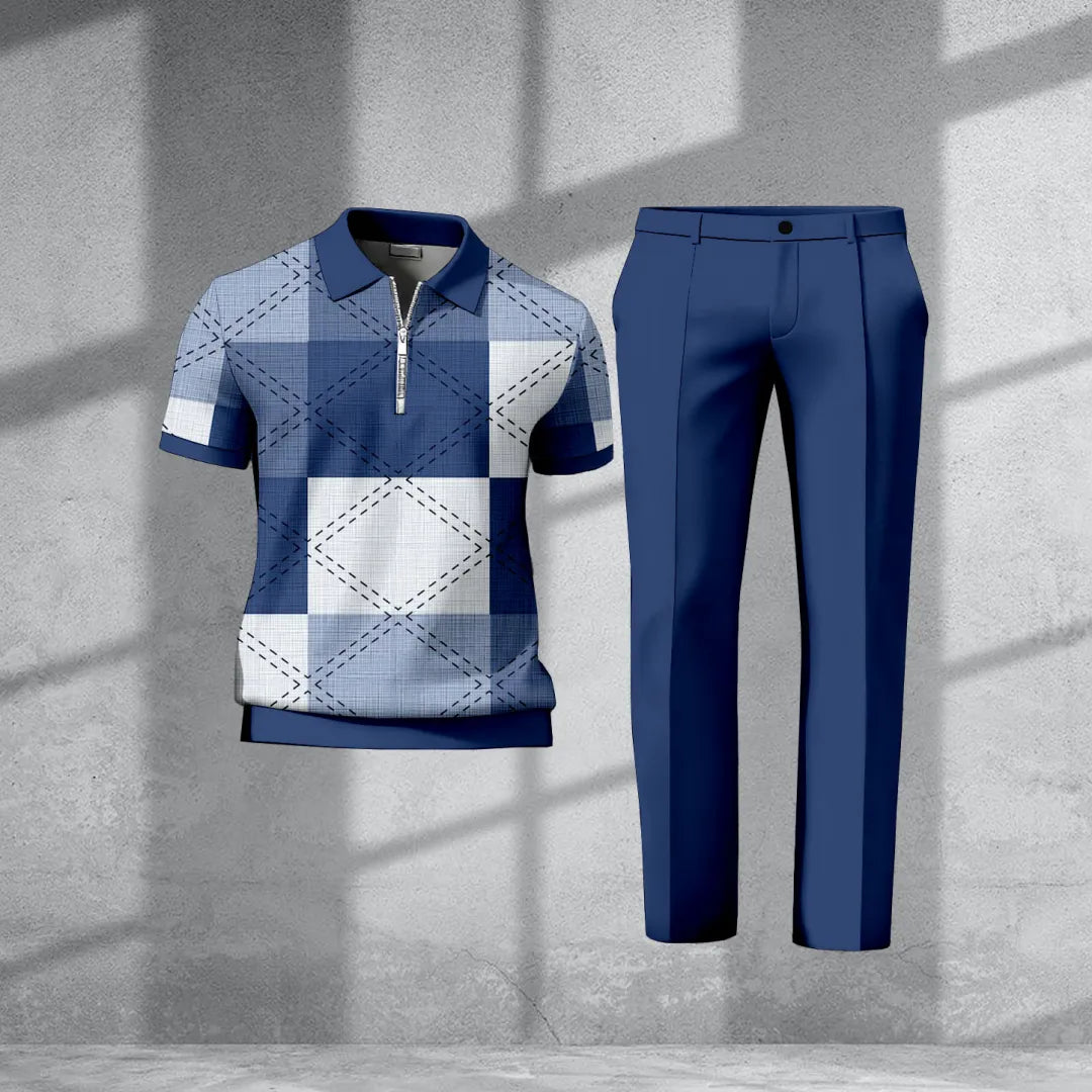Polo-Collar Short Sleeved Trousers Two-Piece Set - DUVAL