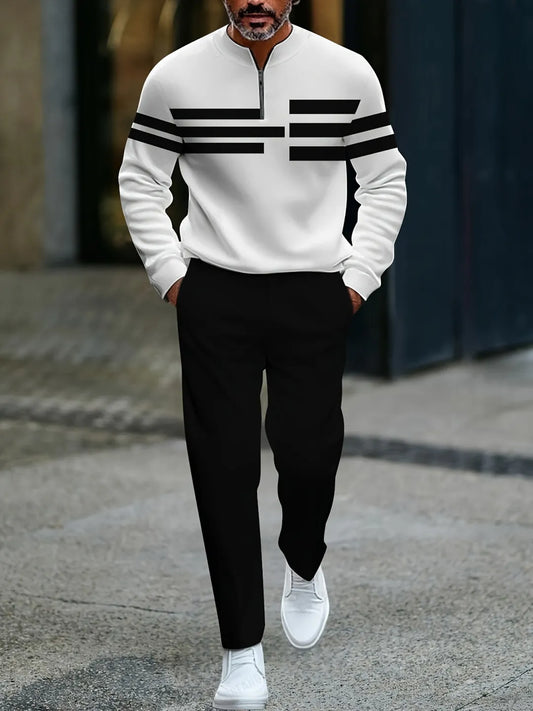 Polo-Collar Neck Zipper Long Sleeved Trousers Two-Piece Set - DUVAL