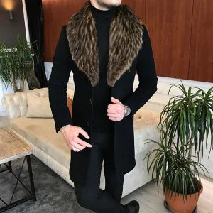 Ombre Fur Collar Solid Color Breasted Mid Length Coat - DUVAL