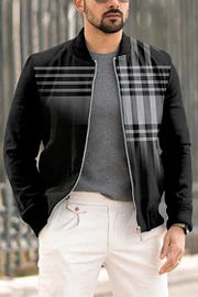 Round Neck Simple Plaid Zip-Up Jacket - DUVAL
