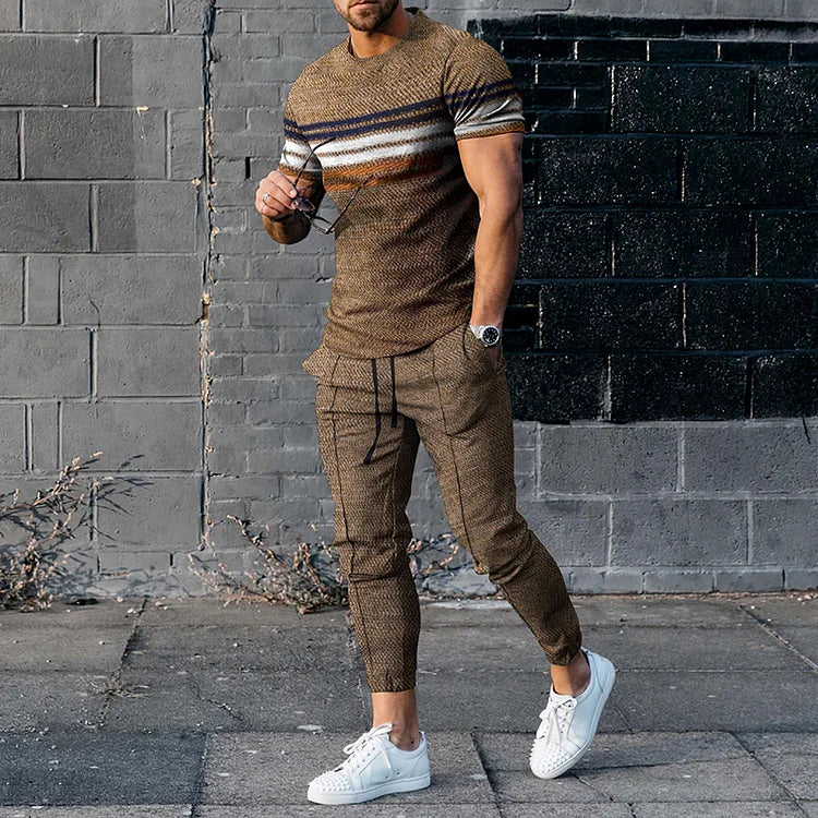 Casual Khaki Stripe Contrast Color Short Sleeve T-Shirt And Pants Co-O ...