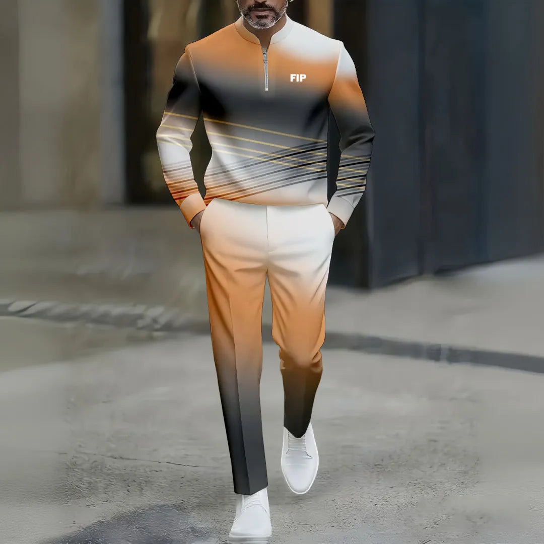 Neck Zipper Long Sleeved Trousers Two-Piece Set